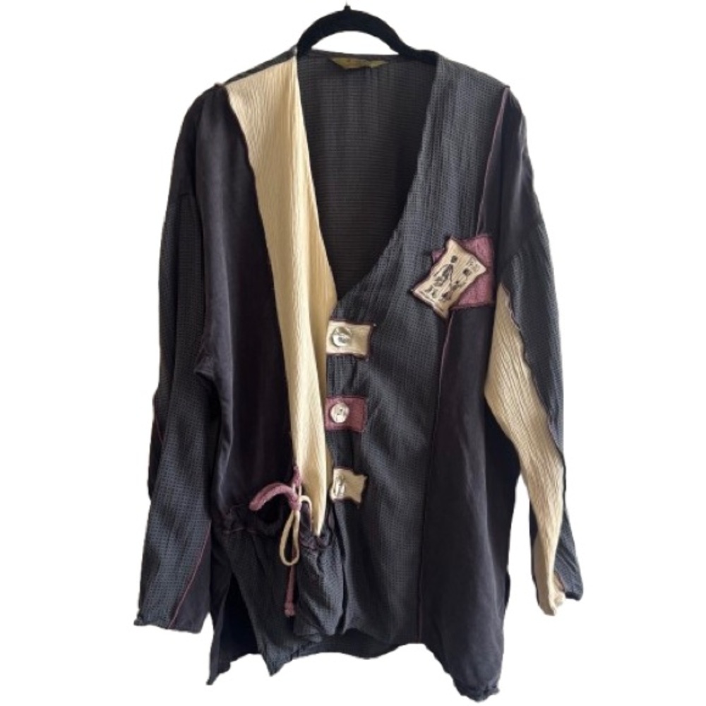 Vintage A. Spence Lagenlook Patchwork Rayon Boho Long Sleeve Top Blouse Grey
